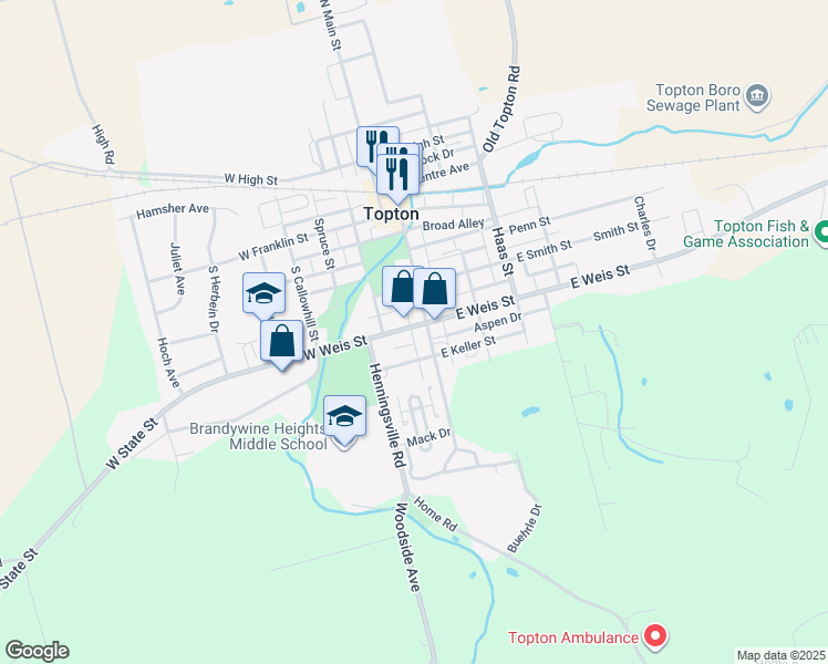 map of restaurants, bars, coffee shops, grocery stores, and more near 304 South Home Avenue in Topton