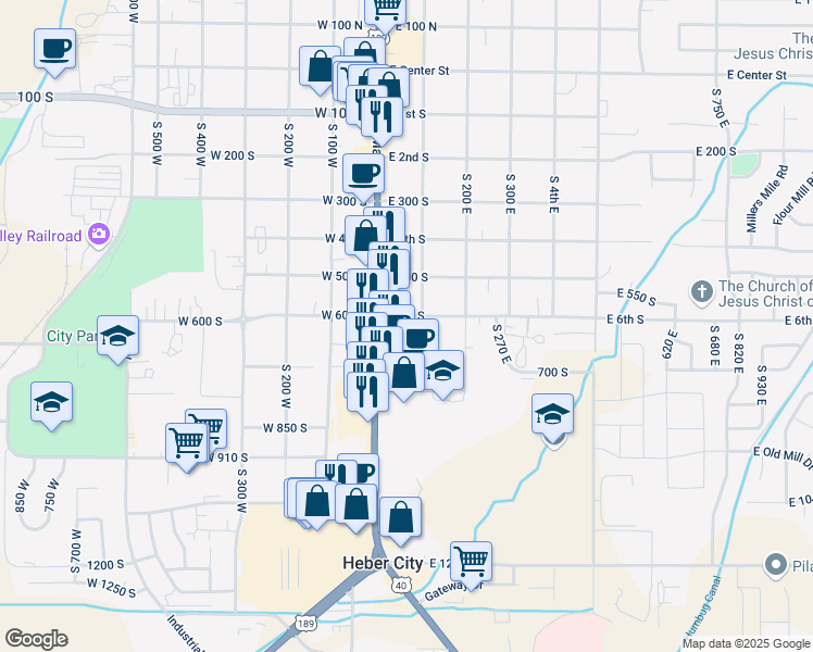 map of restaurants, bars, coffee shops, grocery stores, and more near 72 East 6th South in Heber City