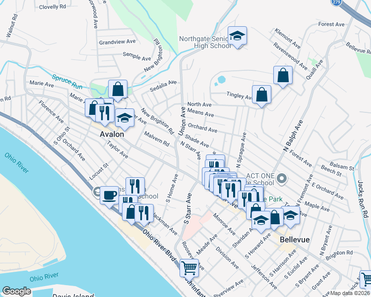 map of restaurants, bars, coffee shops, grocery stores, and more near 103 North Starr Avenue in Pittsburgh