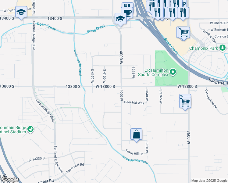 map of restaurants, bars, coffee shops, grocery stores, and more near 4056 Muley Court in Riverton