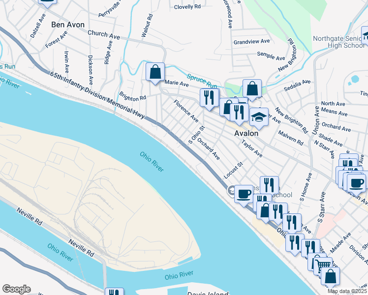 map of restaurants, bars, coffee shops, grocery stores, and more near 436 Pennsylvania 65 in Avalon