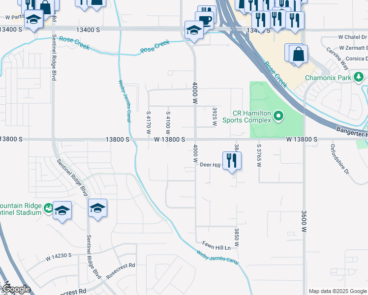 map of restaurants, bars, coffee shops, grocery stores, and more near 4056 Muley Court in Riverton