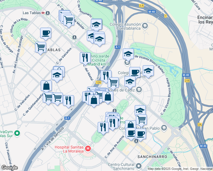 map of restaurants, bars, coffee shops, grocery stores, and more near 28 Calle de María de Portugal in Madrid
