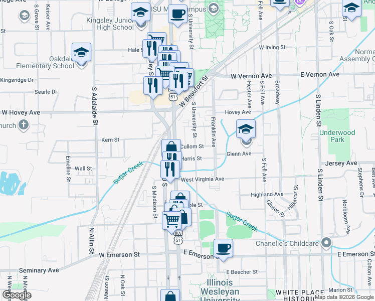 map of restaurants, bars, coffee shops, grocery stores, and more near 705 Cullom Street in Normal