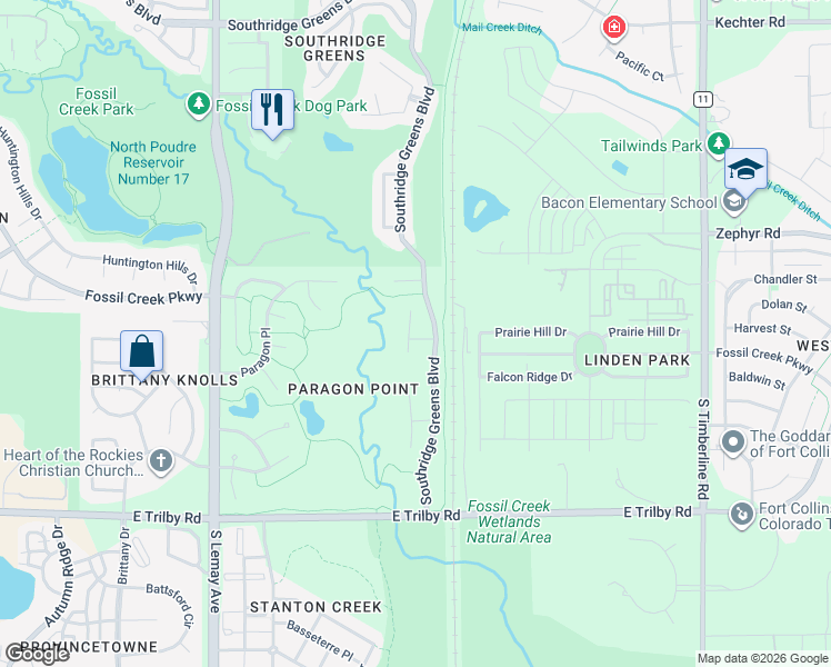 map of restaurants, bars, coffee shops, grocery stores, and more near 6219 Eagle Ridge Court in Fort Collins