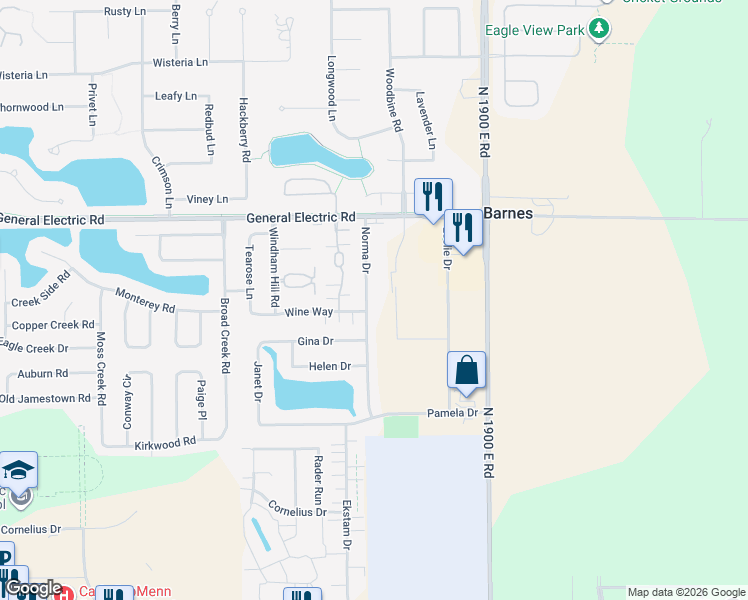 map of restaurants, bars, coffee shops, grocery stores, and more near 1403 Norma Drive in Bloomington