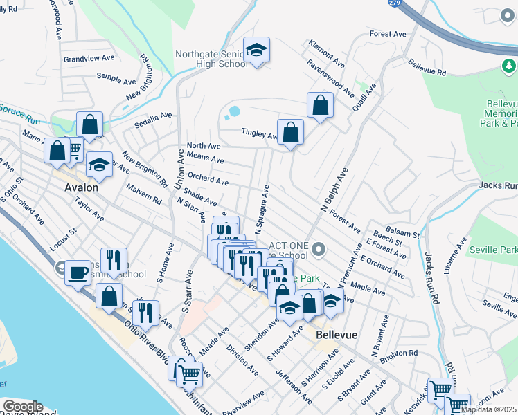 map of restaurants, bars, coffee shops, grocery stores, and more near 127 North Sprague Avenue in Pittsburgh