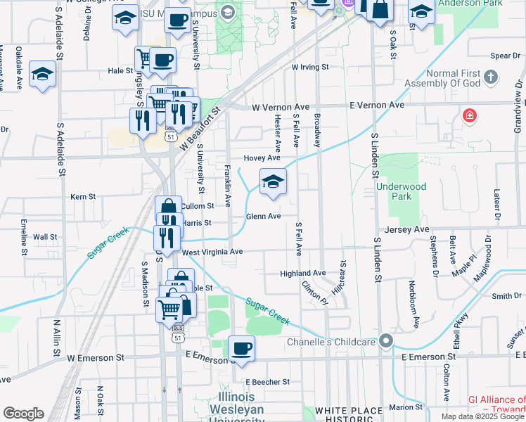 map of restaurants, bars, coffee shops, grocery stores, and more near 316 Glenn Avenue in Normal