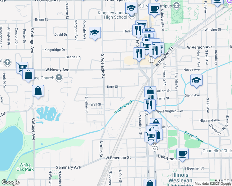 map of restaurants, bars, coffee shops, grocery stores, and more near 1006 Howard Street in Normal