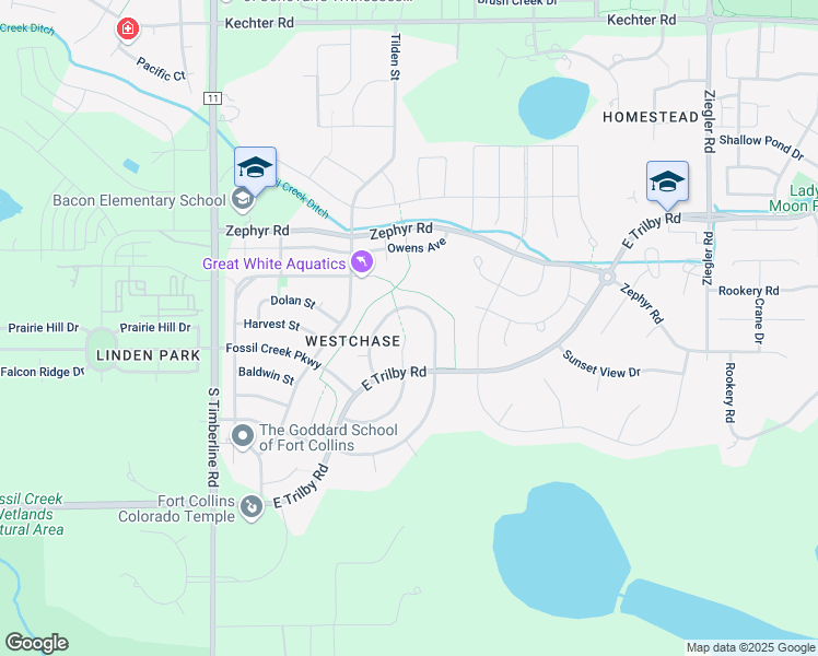 map of restaurants, bars, coffee shops, grocery stores, and more near 6202 Treestead Court in Fort Collins