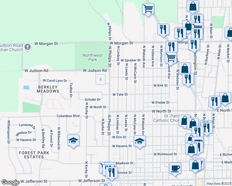 map of restaurants, bars, coffee shops, grocery stores, and more near 1505 North Lindsay Street in Kokomo