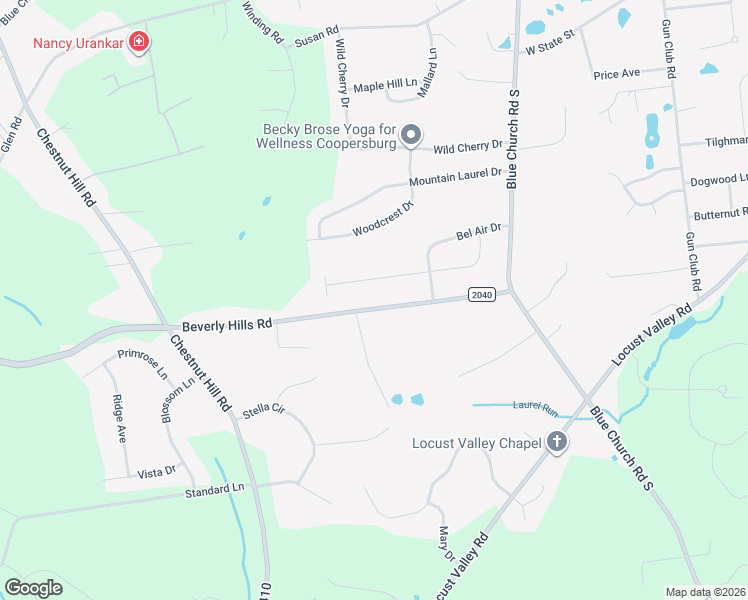 map of restaurants, bars, coffee shops, grocery stores, and more near 5947 Beverly Hills Road in Coopersburg