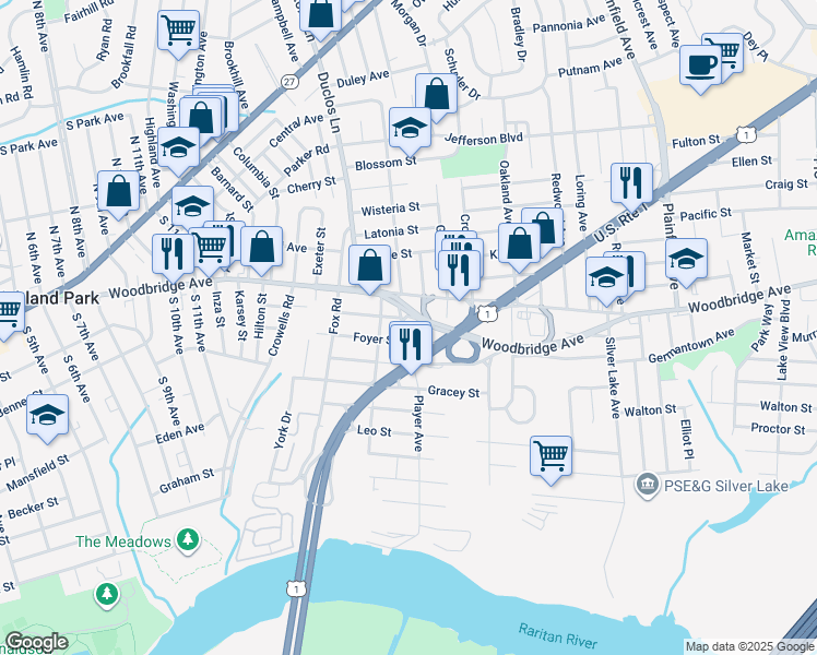 map of restaurants, bars, coffee shops, grocery stores, and more near 21 Player Avenue in Edison
