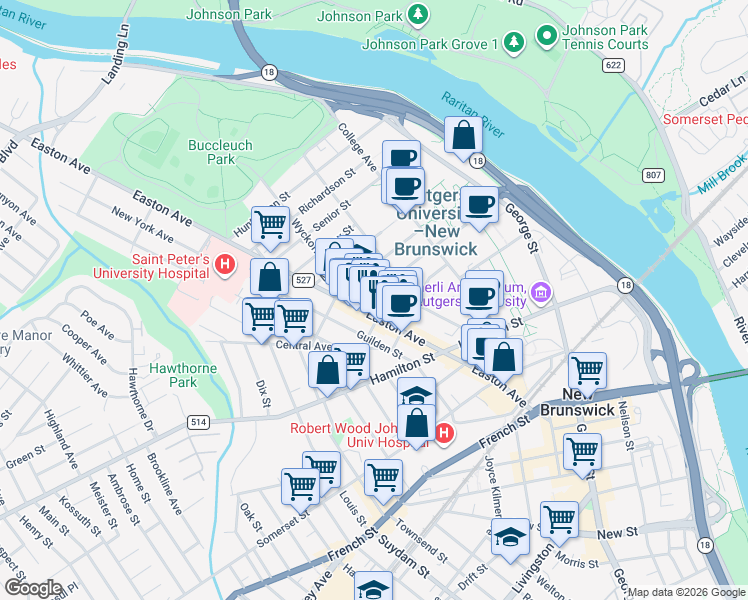 map of restaurants, bars, coffee shops, grocery stores, and more near 30 Prosper Street in New Brunswick