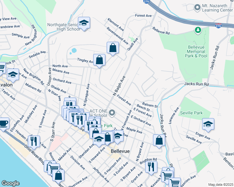 map of restaurants, bars, coffee shops, grocery stores, and more near 170 Deer Lane in Pittsburgh