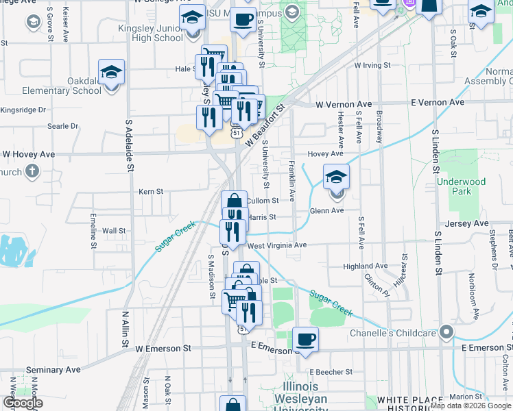 map of restaurants, bars, coffee shops, grocery stores, and more near 705 Cullom Street in Normal