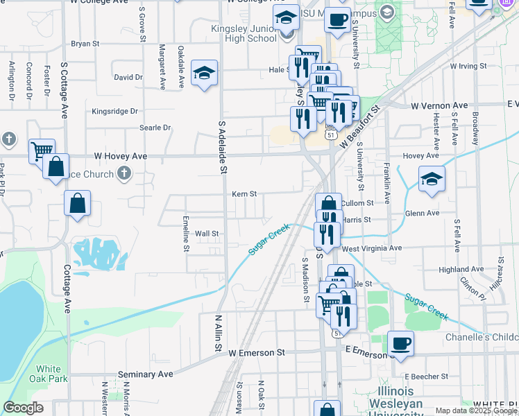 map of restaurants, bars, coffee shops, grocery stores, and more near 1006 Howard Street in Normal