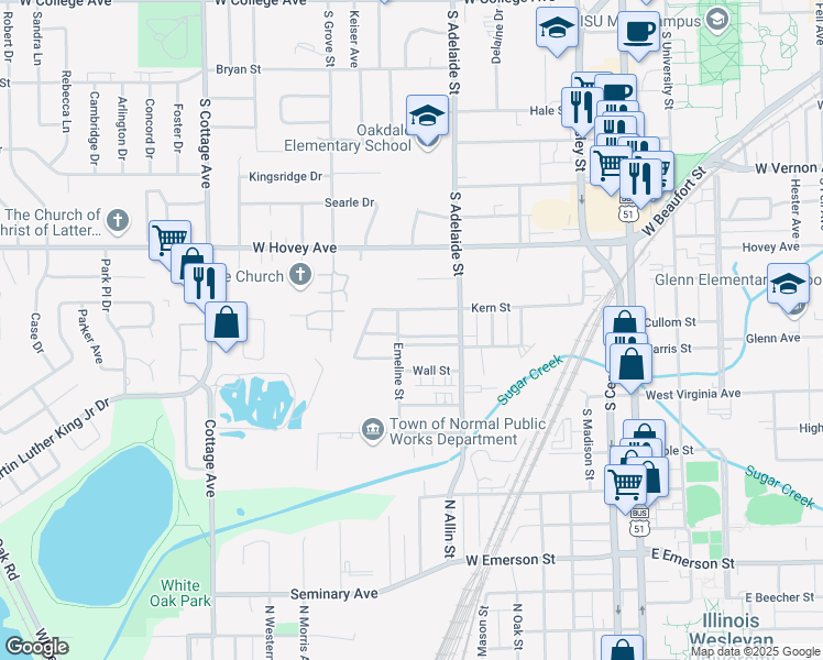 map of restaurants, bars, coffee shops, grocery stores, and more near 1114 West Avenue in Normal