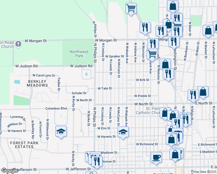 map of restaurants, bars, coffee shops, grocery stores, and more near 1100 West Tate Street in Kokomo