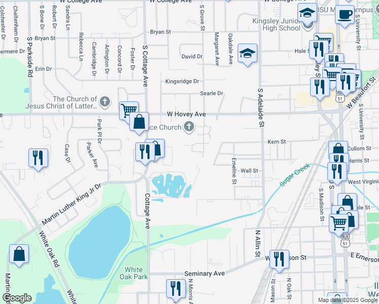 map of restaurants, bars, coffee shops, grocery stores, and more near 1323 West Hovey Avenue in Normal