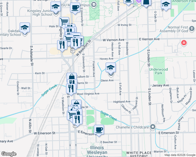 map of restaurants, bars, coffee shops, grocery stores, and more near 328 Glenn Avenue in Normal