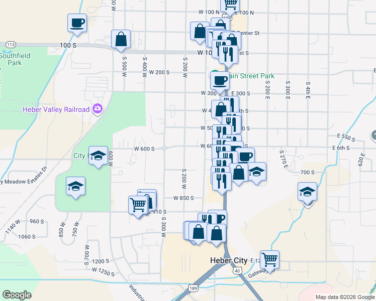map of restaurants, bars, coffee shops, grocery stores, and more near 189 West 600 South in Heber City