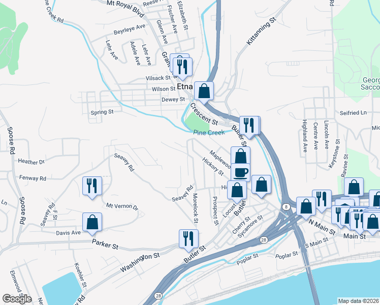 map of restaurants, bars, coffee shops, grocery stores, and more near 164 High Street in Pittsburgh