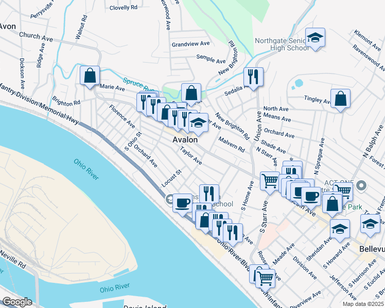 map of restaurants, bars, coffee shops, grocery stores, and more near 731 Taylor Avenue in Pittsburgh