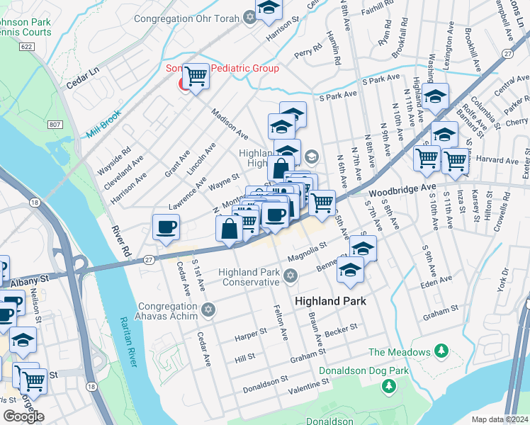 map of restaurants, bars, coffee shops, grocery stores, and more near 15 North 3rd Avenue in Highland Park