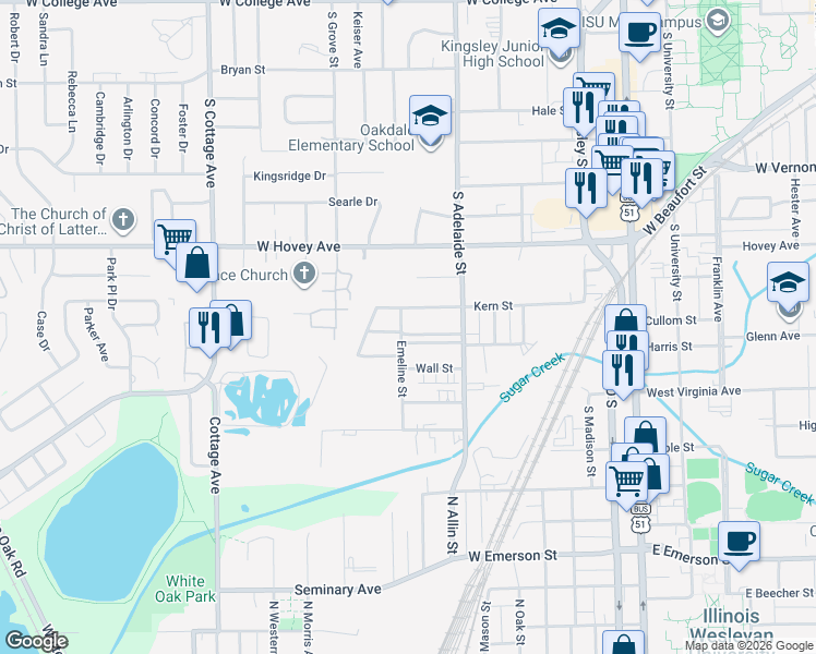 map of restaurants, bars, coffee shops, grocery stores, and more near 1300 West Avenue in Normal