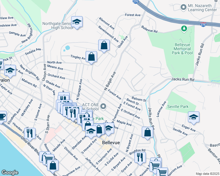 map of restaurants, bars, coffee shops, grocery stores, and more near 170 Deer Lane in Pittsburgh