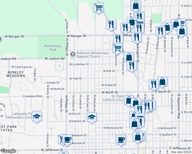 map of restaurants, bars, coffee shops, grocery stores, and more near 1502 North Wabash Street in Kokomo