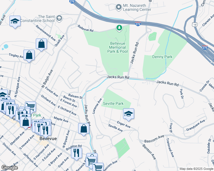 map of restaurants, bars, coffee shops, grocery stores, and more near 4897 Lucerne Avenue in Pittsburgh