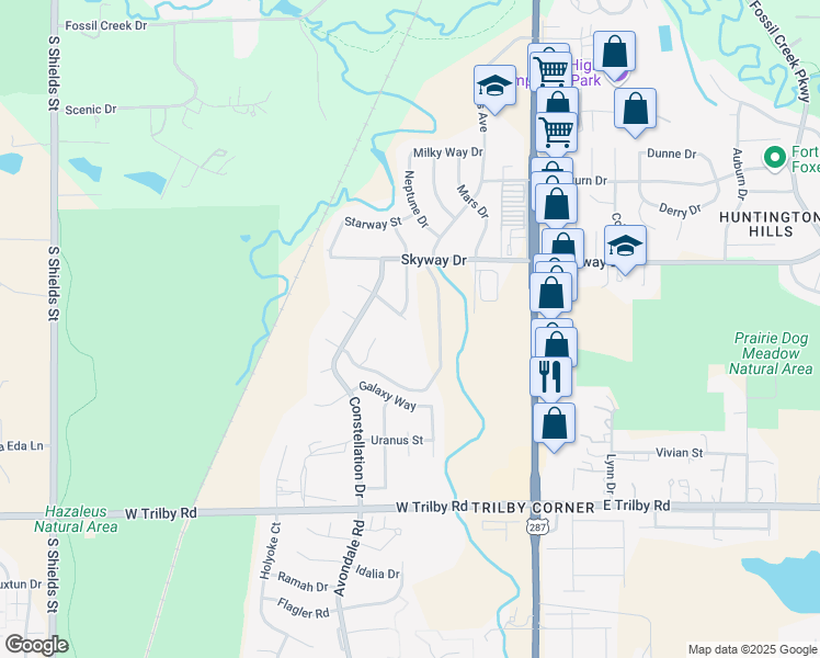 map of restaurants, bars, coffee shops, grocery stores, and more near 363 Aurora Way in Fort Collins