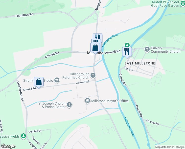 map of restaurants, bars, coffee shops, grocery stores, and more near in Millstone
