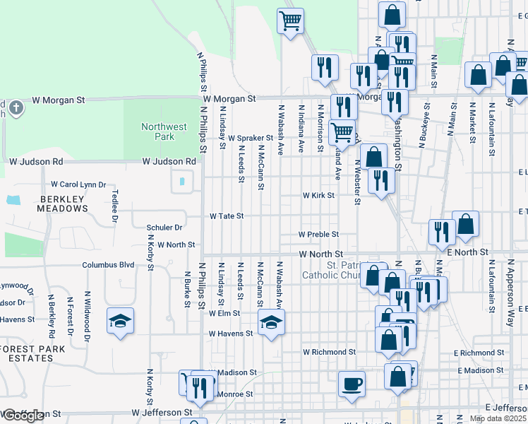 map of restaurants, bars, coffee shops, grocery stores, and more near 1500 North McCann Street in Kokomo