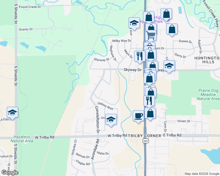 map of restaurants, bars, coffee shops, grocery stores, and more near 369 Aurora Way in Fort Collins