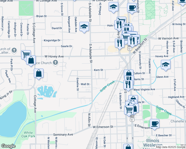 map of restaurants, bars, coffee shops, grocery stores, and more near 1006 South Adelaide Street in Normal