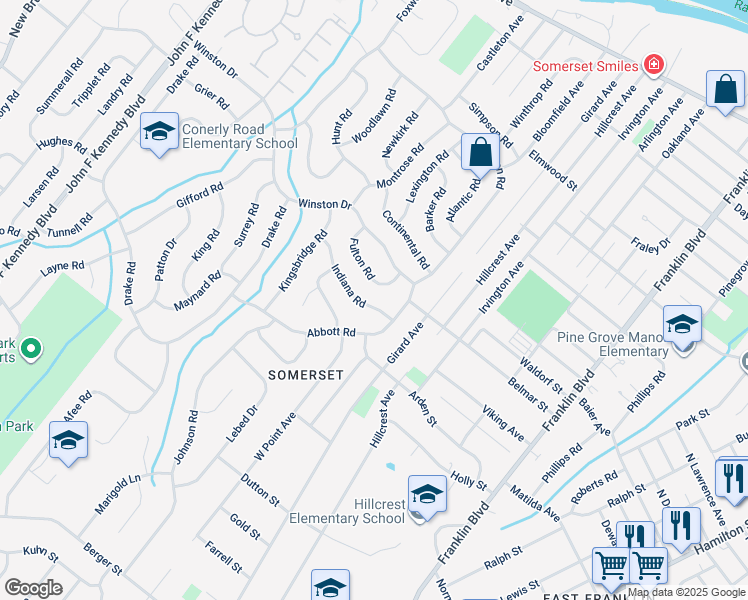 map of restaurants, bars, coffee shops, grocery stores, and more near 25 Indiana Road in Franklin Township
