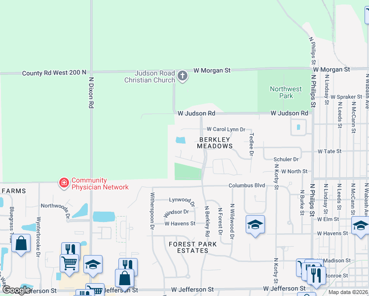 map of restaurants, bars, coffee shops, grocery stores, and more near 1312 Tammie Court in Kokomo