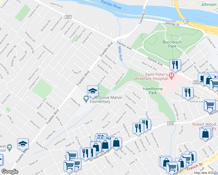 map of restaurants, bars, coffee shops, grocery stores, and more near 23 Robbins Avenue in Franklin Township