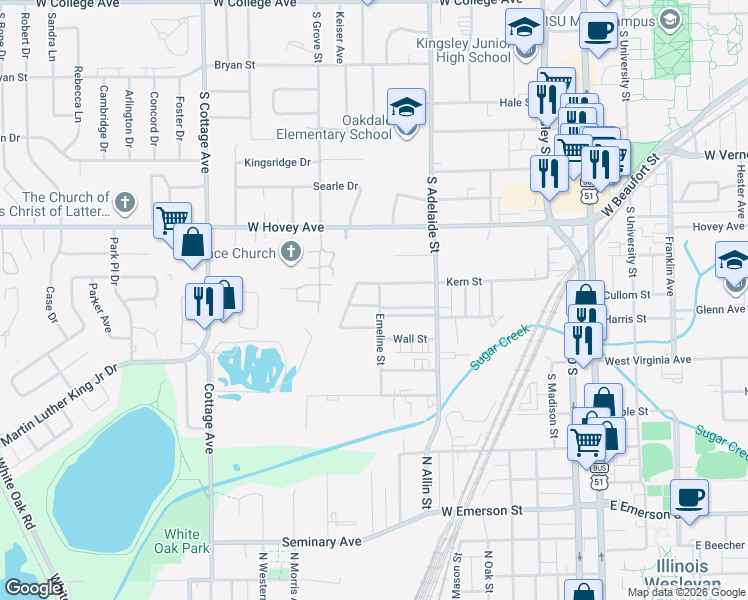 map of restaurants, bars, coffee shops, grocery stores, and more near 1300 West Avenue in Normal