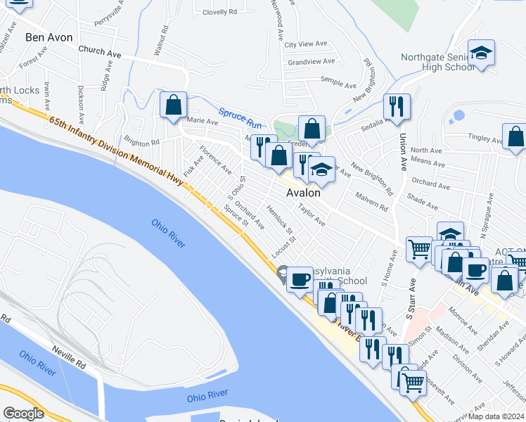 map of restaurants, bars, coffee shops, grocery stores, and more near 212 South Birmingham Avenue in Pittsburgh