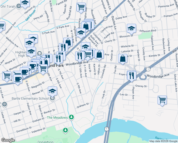 map of restaurants, bars, coffee shops, grocery stores, and more near 238 Inza Street in Highland Park