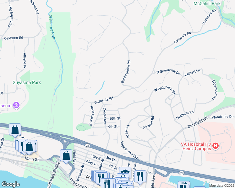 map of restaurants, bars, coffee shops, grocery stores, and more near 501 Guyasuta Road in Pittsburgh
