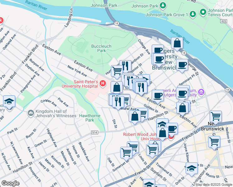 map of restaurants, bars, coffee shops, grocery stores, and more near 28 Courtlandt Street in New Brunswick