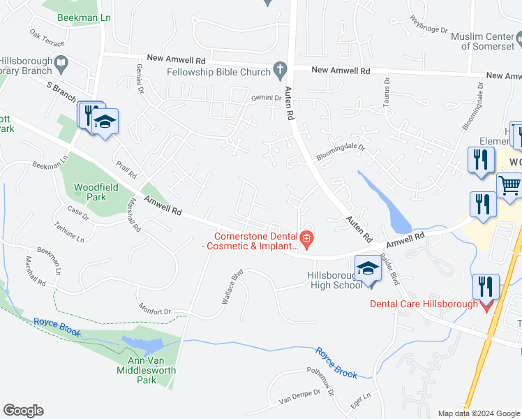 map of restaurants, bars, coffee shops, grocery stores, and more near 2 Passe Court in Somerset County