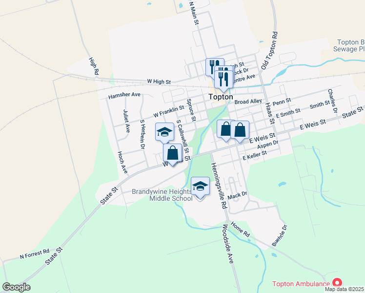 map of restaurants, bars, coffee shops, grocery stores, and more near 208 South Callowhill Street in Topton