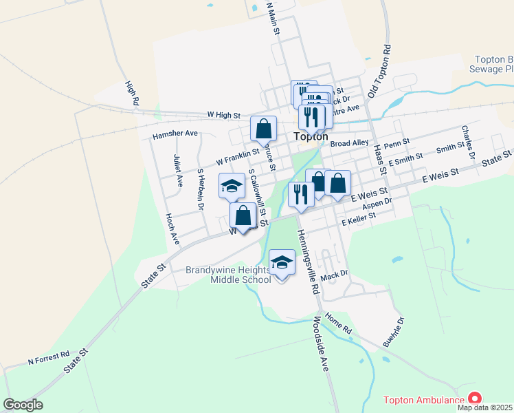 map of restaurants, bars, coffee shops, grocery stores, and more near 208 South Callowhill Street in Topton