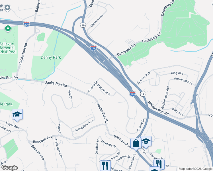 map of restaurants, bars, coffee shops, grocery stores, and more near 132 Connie Drive in Pittsburgh